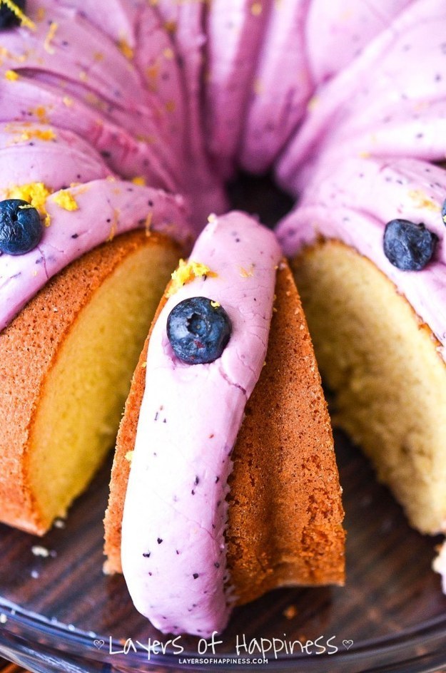 Lemon Velvet Bundt Cake with Blueberry Cream Cheese Frosting